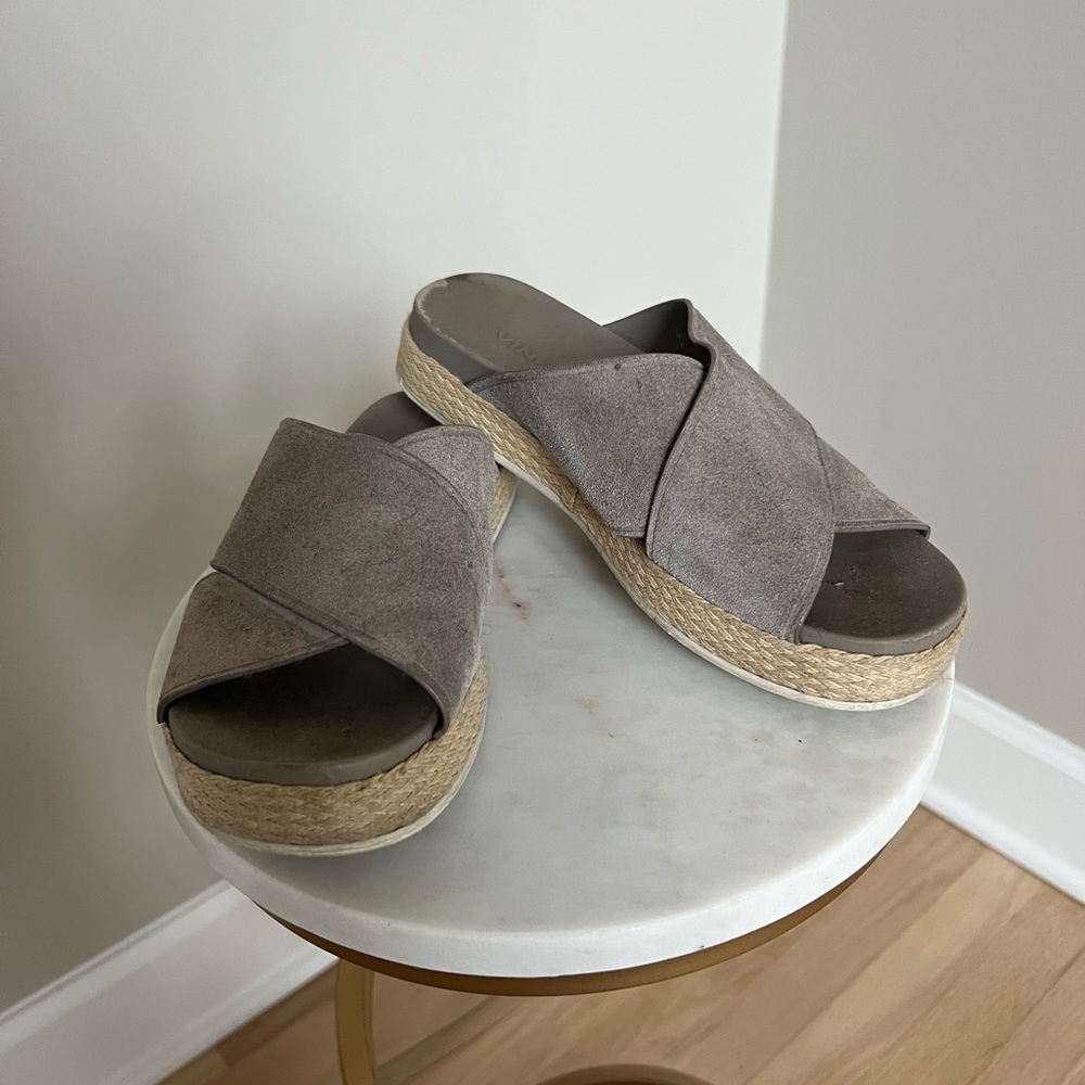 Vince suede slides with rattan heel.